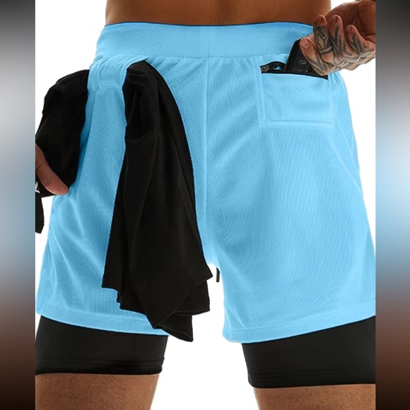 Men double layer gym workout shorts with inner pocket - Picture 9 of 16